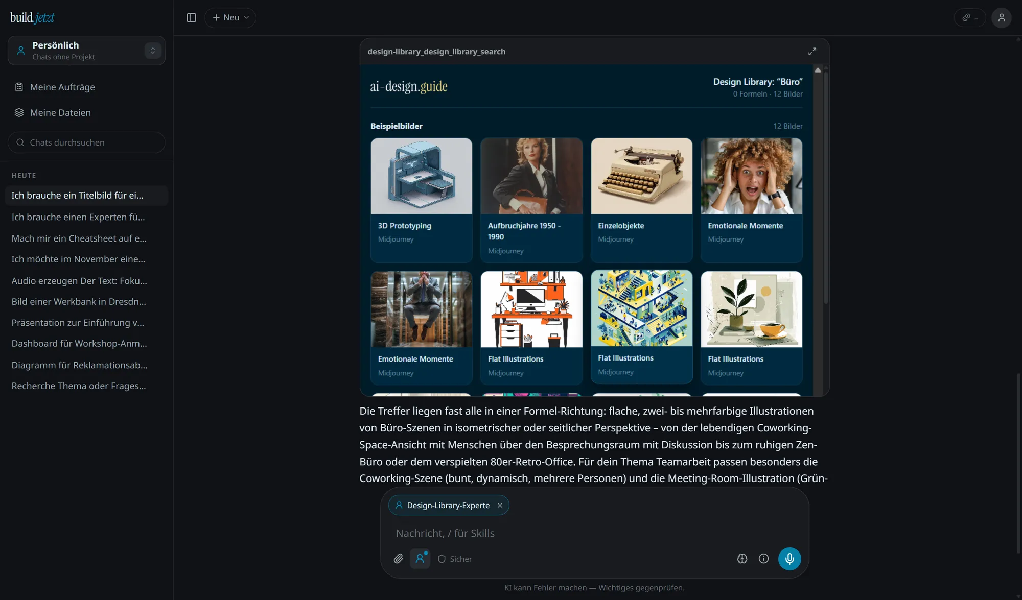 Chat mit dem Design-Library-Experten: Das Werkzeug zeigt zwölf Beispielbilder als Galerie im Chat, darunter liest der Assistant die Treffer aus